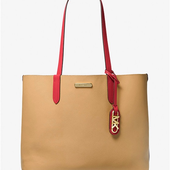 Michael Kors Eliza XL Leather REVERSIBLE Tote Bag Crimson beige NWTS sealed - Picture 2 of 7